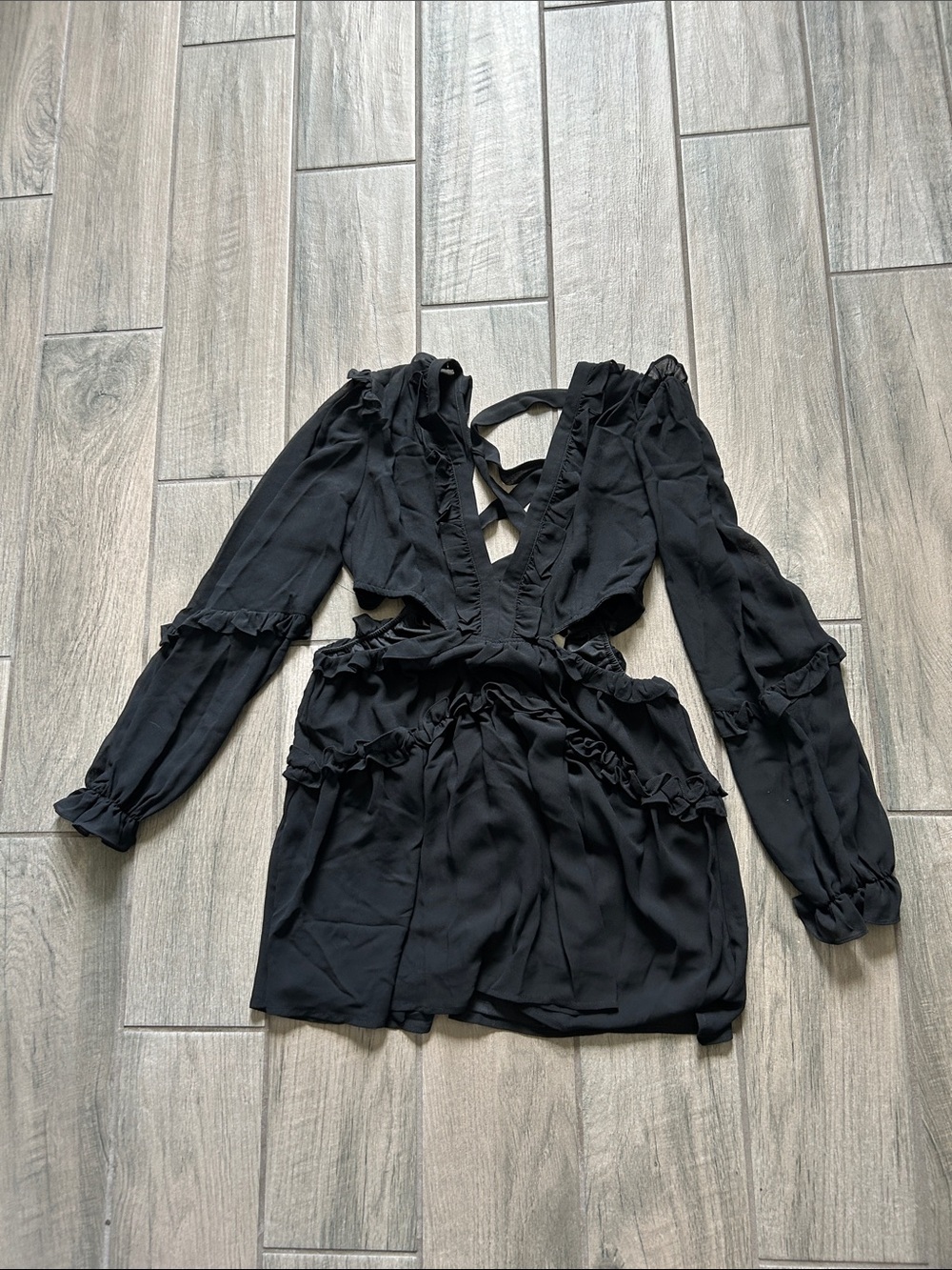 privy Black Long-Sleeve Ruffle Cutout Dress